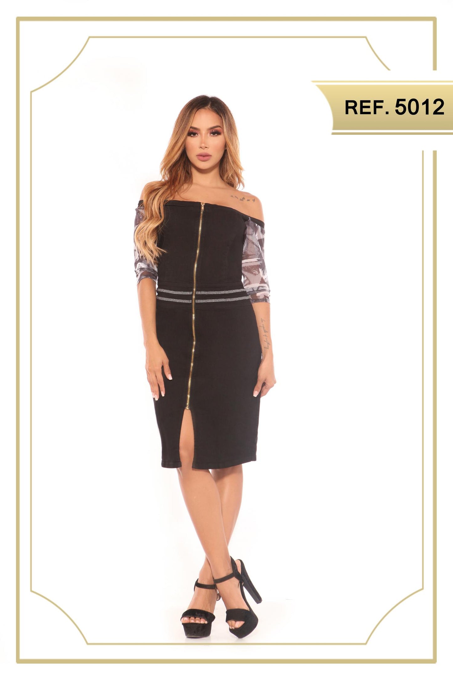 Ref. 030 -5012 Colombian black jean dress with front zipper, mid-calf skirt style, with decorative opening on one leg. Sleeves up to the forearm with floral decoration.