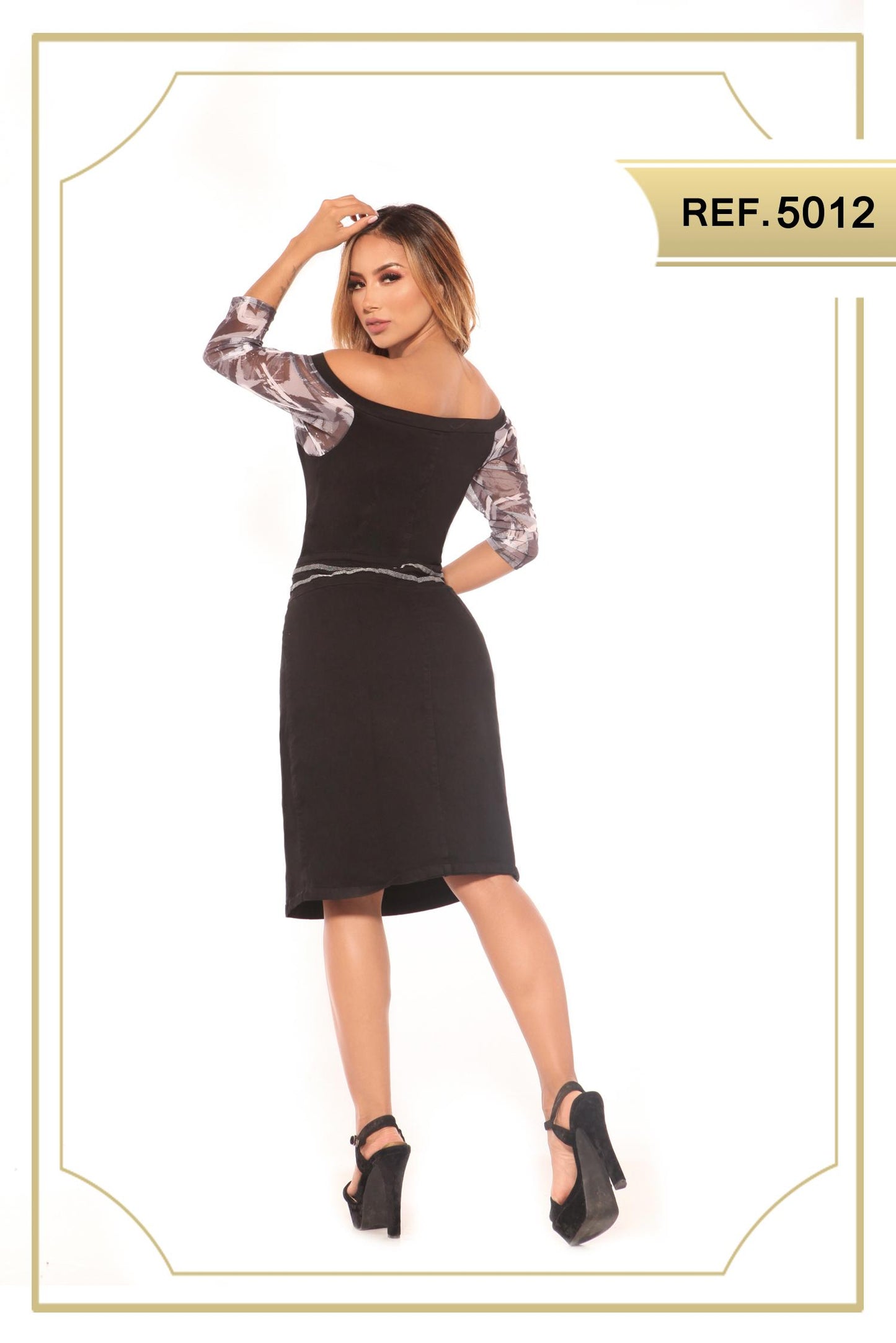 Ref. 030 -5012 Colombian black jean dress with front zipper, mid-calf skirt style, with decorative opening on one leg. Sleeves up to the forearm with floral decoration.