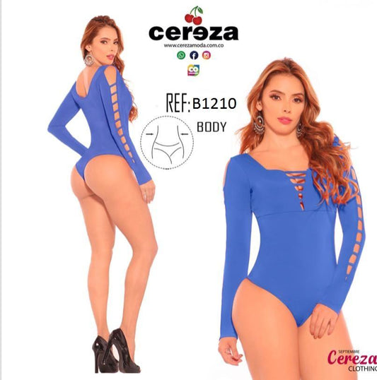 Ref. 004 -B1210 Colombian Bodysuit with Long Sleeves and Decorative Holes, Blue, CEREZA Brand