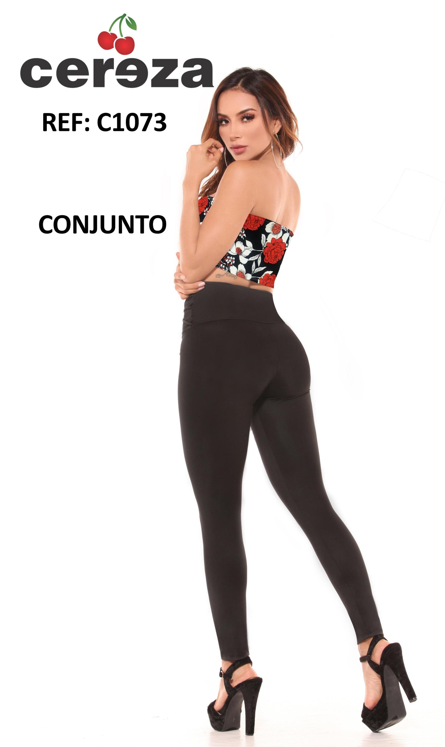 Ref. 004 -C1073 Conjunto Marca CEREZA Original Colombiano con Blusa Veraniega de Hombros descubiertos y pantalón Negro con Pretina Alta y decorado en el frente