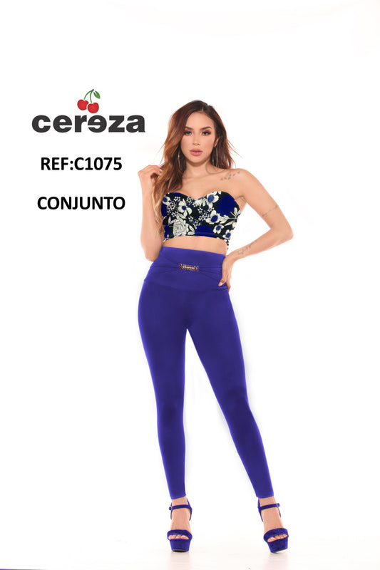 Ref. 004 -C1075 Conjunto Colombiano de Blusa Azul decorado Floral y Pantalón Azul para dama con Cintura Alta y con control de Abdomen