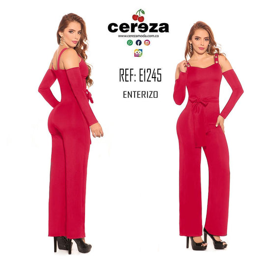 Ref. 004 -E1245 Colombian fabric jumpsuit, with wide boots, beautiful shape and straps on the shoulders, decorative ribbon at the waist.