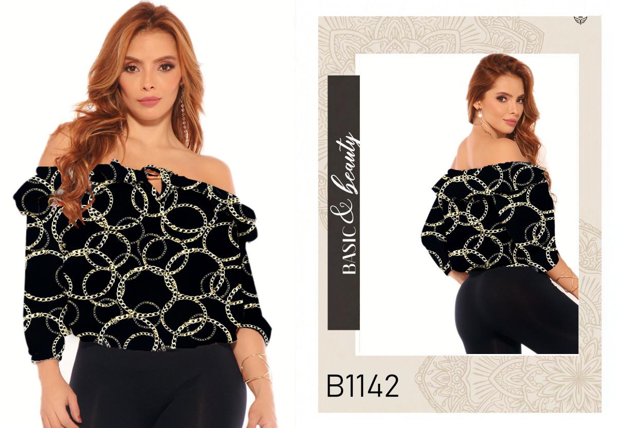 Ref. 004 -B1142 Blusa Colombiana Estilo de Moda con Mangas A medio antebrazo  y hombros descubiertos.