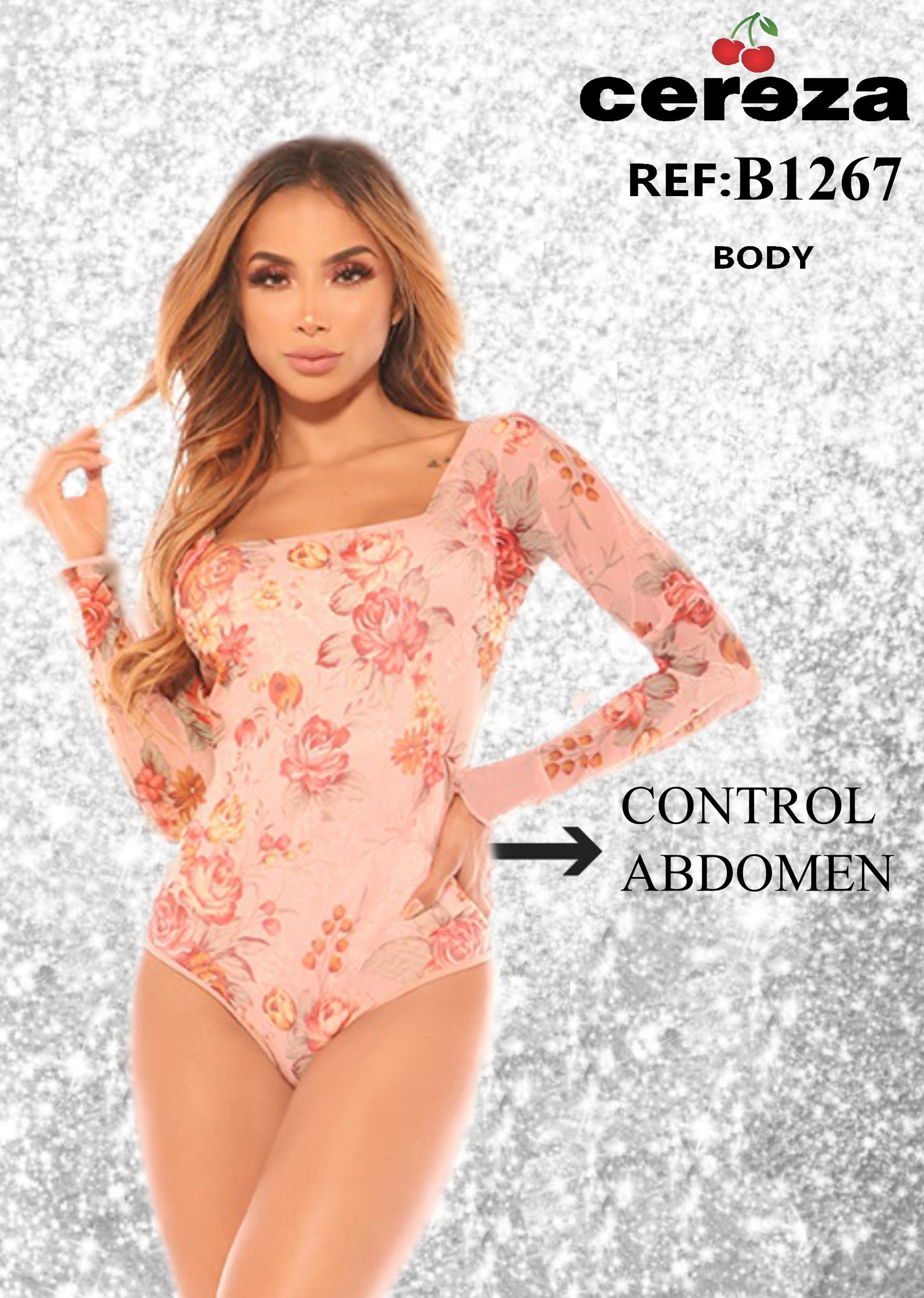 Ref. 004 -B1267 Body Reductor CEREZA con mangas largas y estampado floral - ropacolombianaeneuropa