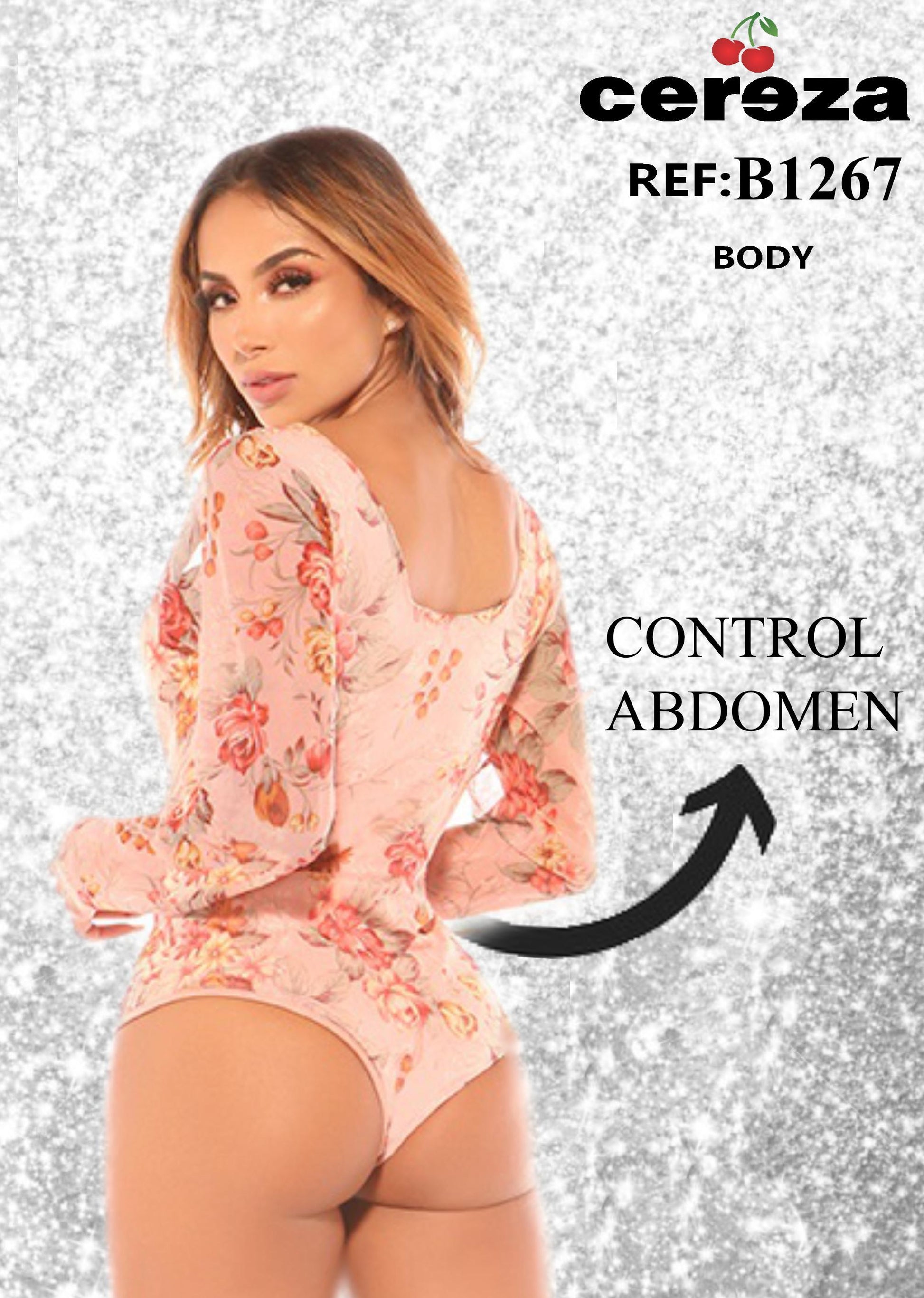 Ref. 004 -B1267 Body Reductor CEREZA con mangas largas y estampado floral - ropacolombianaeneuropa