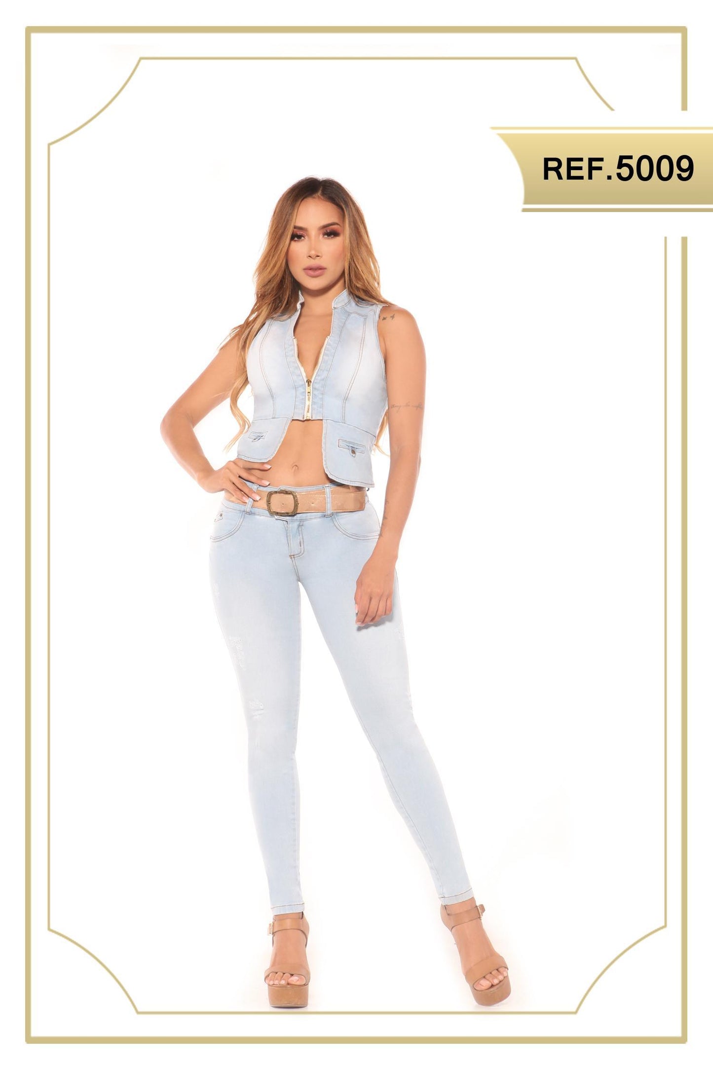 Ref. 030 -5009 Denim Set with Butt Lifter Pants and Sleeveless Fashion Jean Vest with Front Opening. Beautiful Ice Color. Colombian Fashion