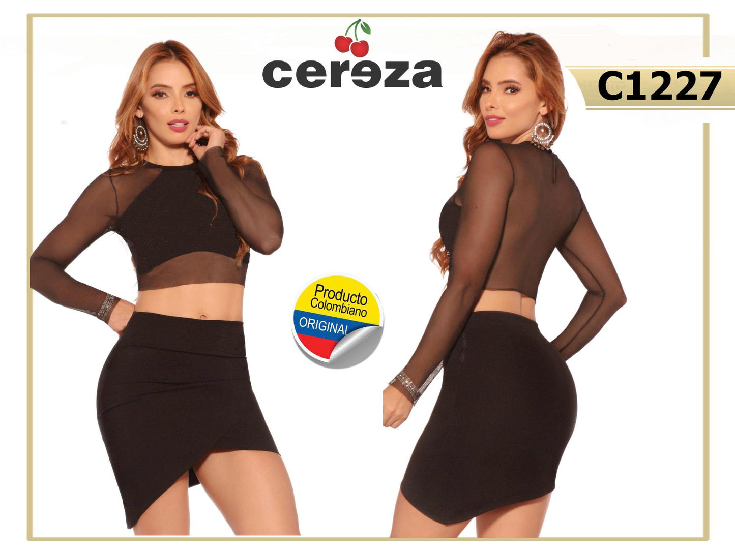 Ref. 004 -C1227 Conjunto Colombiano de blusa y falda de tonos básicos y diseño sexy