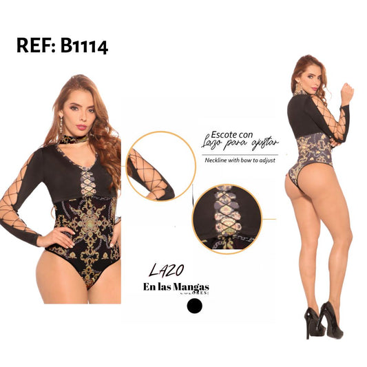 Ref. 004 -B1114 Body Reductor Colombiano con mangas largas en malla Color negro - ropacolombianaeneuropa