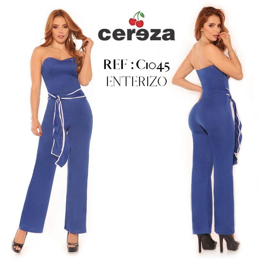 Ref. 004 -C1045 Fantastic Colombian Jumpsuit Brand CEREZA with Free Shoulders and Half Back, Decorated with a Belt in the Front in Blue