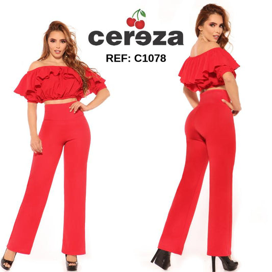 Ref. 004 -C1078 Hermoso Conjunto de Pantalón y Blusa para dama color rojo, con hombros descubiertos y pretina alta control de abdomen